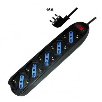 MULTIPRESA 5 POSTI UNIVERSALE CON INTERRUTTORE LUMINOSO+PROTEZIONE E SPINA ANGOLO 16A NERA